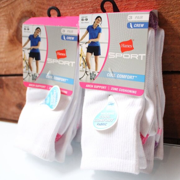 Hanes Sport Women’s Crew Socks 5-9 Cool Comfort Arch Support 3-Pair Lot of 2 - Picture 1 of 6